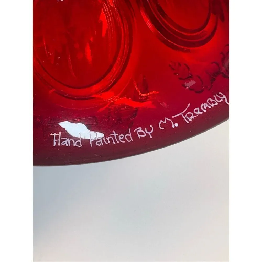 Vintage Ruby Red Hand Painted Bell M. Kramig Signed Glass Bell glows